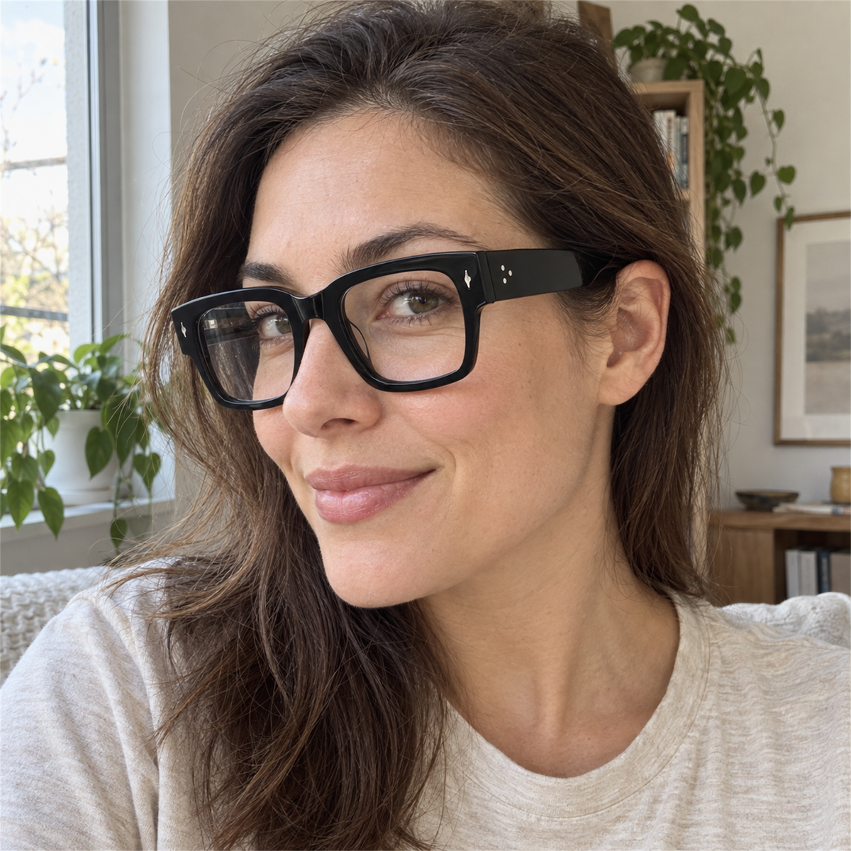 Ingrid black acetate eyeglasses, lifestyle wearing photo