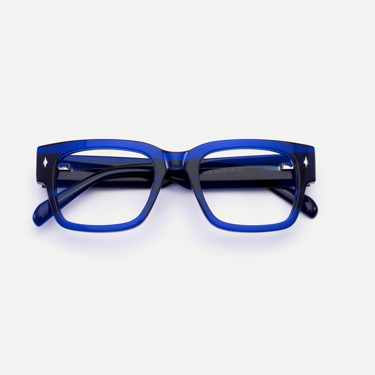 Ingrid cobalt blue acetate eyeglasses, inner temple detail