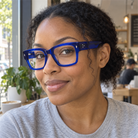 Ingrid cobalt blue acetate eyeglasses, lifestyle wearing photo