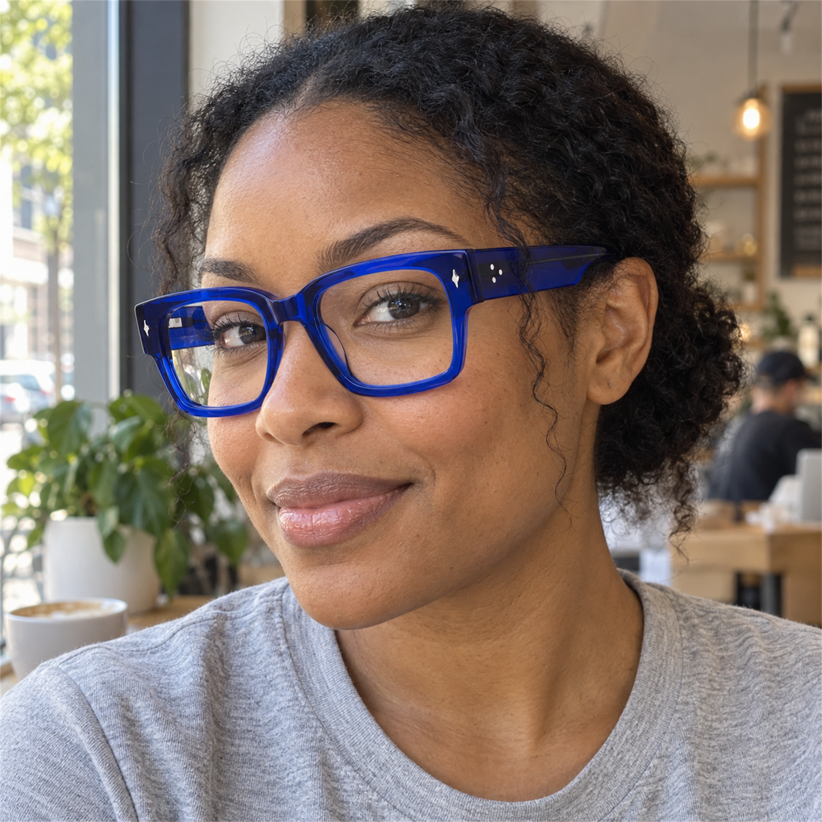 Ingrid cobalt blue acetate eyeglasses, lifestyle wearing photo