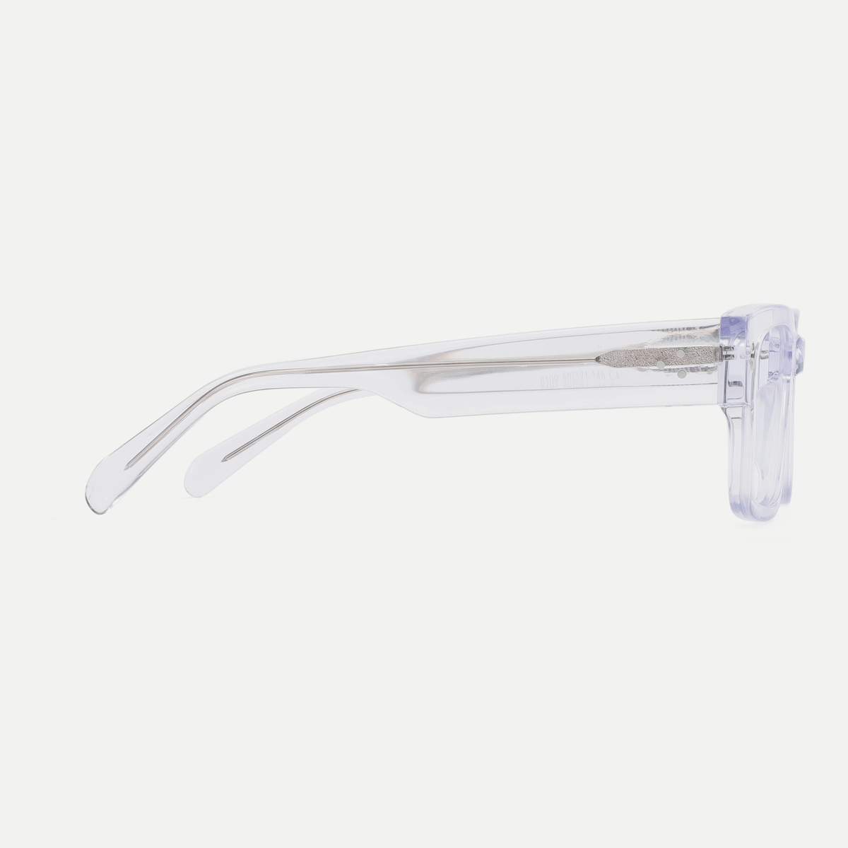 Ingrid crystal clear acetate eyeglasses, side detail