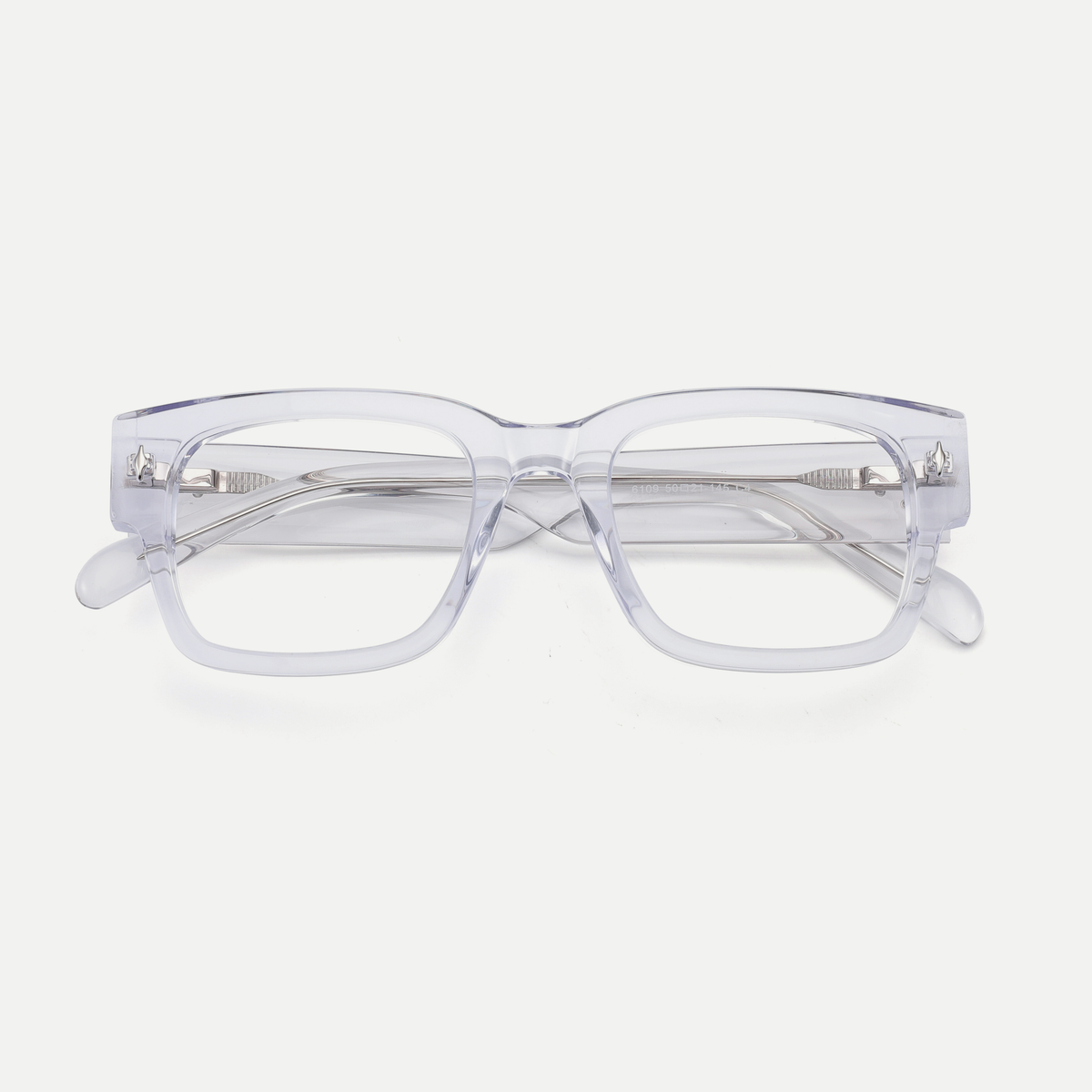 Ingrid crystal clear acetate eyeglasses, inner temple detail