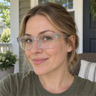 Ingrid crystal clear acetate eyeglasses, lifestyle wearing photo