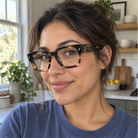 Ingrid tortoise acetate eyeglasses, lifestyle wearing photo