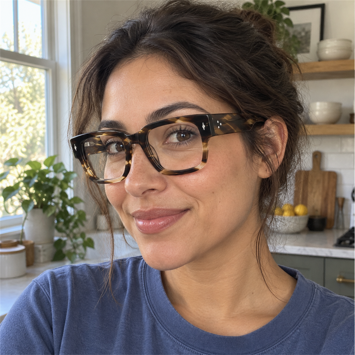 Ingrid tortoise acetate eyeglasses, lifestyle wearing photo