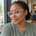Odette crystal clear acetate eyeglasses, lifestyle wearing photo