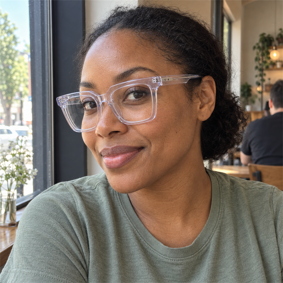 Odette crystal clear acetate eyeglasses, lifestyle wearing photo