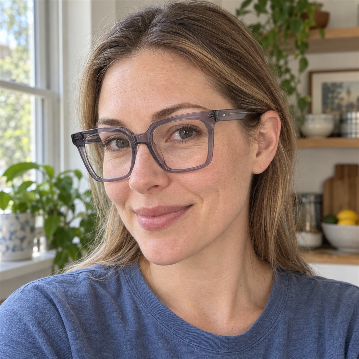 Odette smoke gray acetate eyeglasses, lifestyle wearing photo