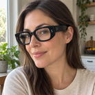 Maeve black acetate eyeglasses, lifestyle wearing photo