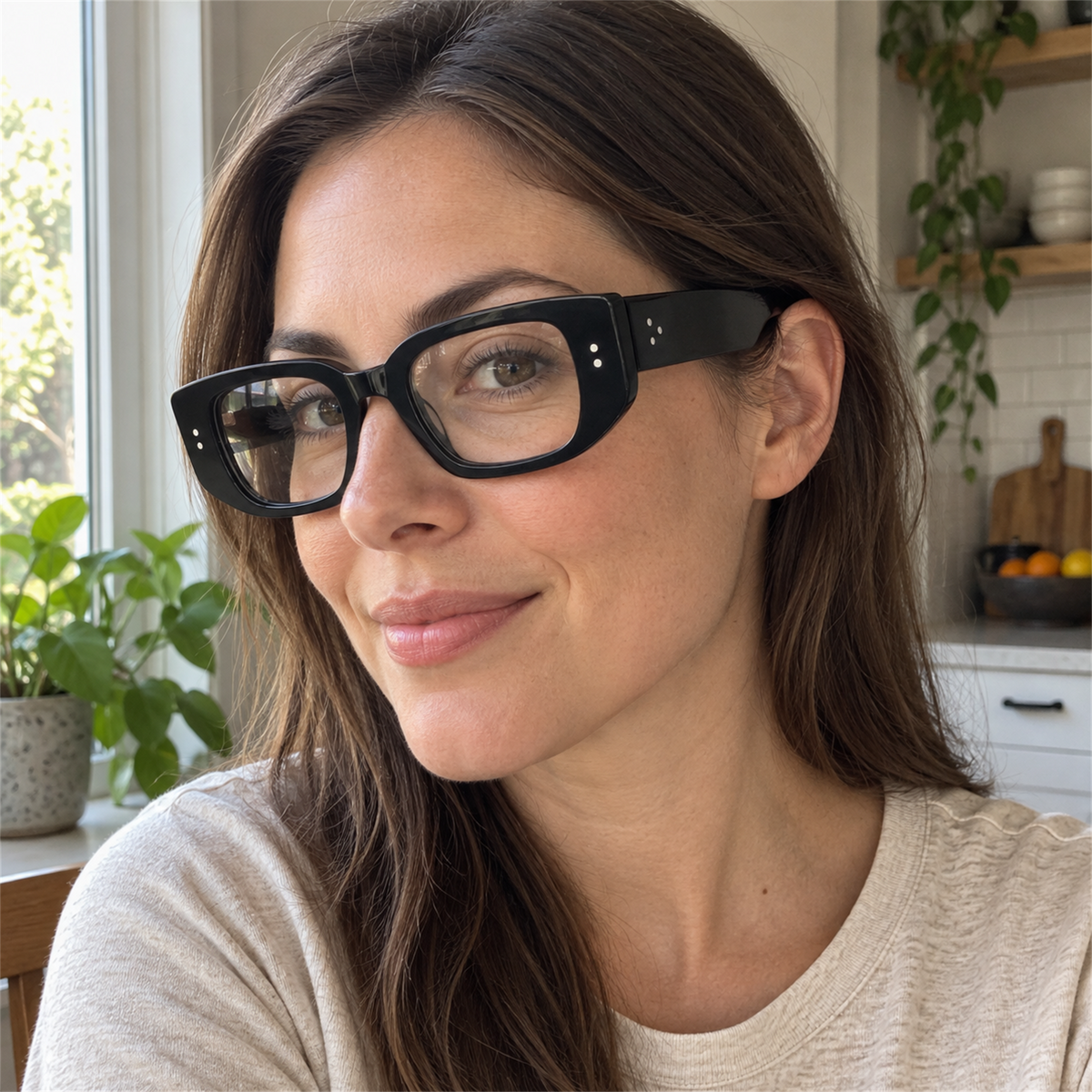 Maeve black acetate eyeglasses, lifestyle wearing photo