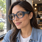 Maeve slate blue acetate eyeglasses, lifestyle wearing photo