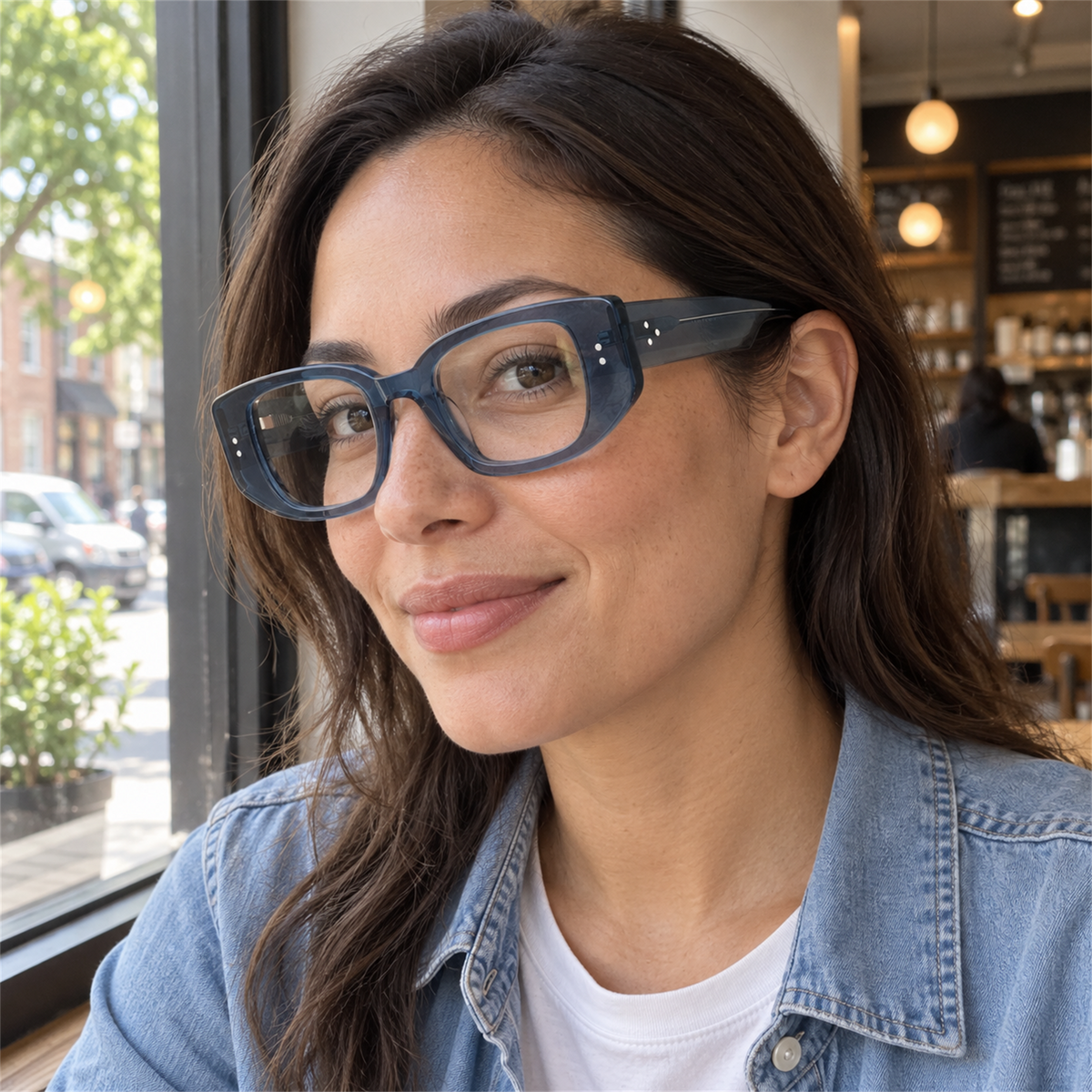 Maeve slate blue acetate eyeglasses, lifestyle wearing photo