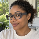Maeve smoke gray acetate eyeglasses, lifestyle wearing photo