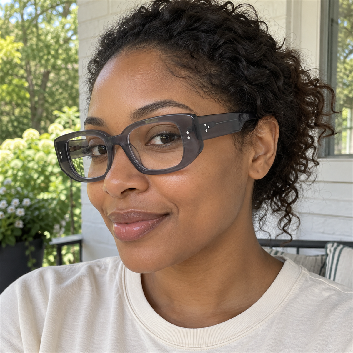 Maeve smoke gray acetate eyeglasses, lifestyle wearing photo