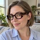 Maeve tortoise acetate eyeglasses, lifestyle wearing photo