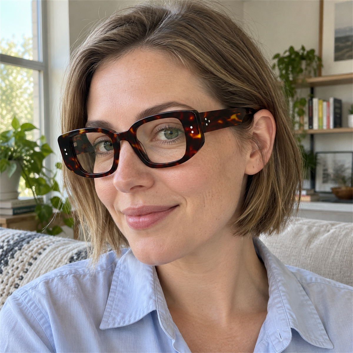 Maeve tortoise acetate eyeglasses, lifestyle wearing photo