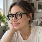 Sylvie black acetate eyeglasses, lifestyle wearing photo