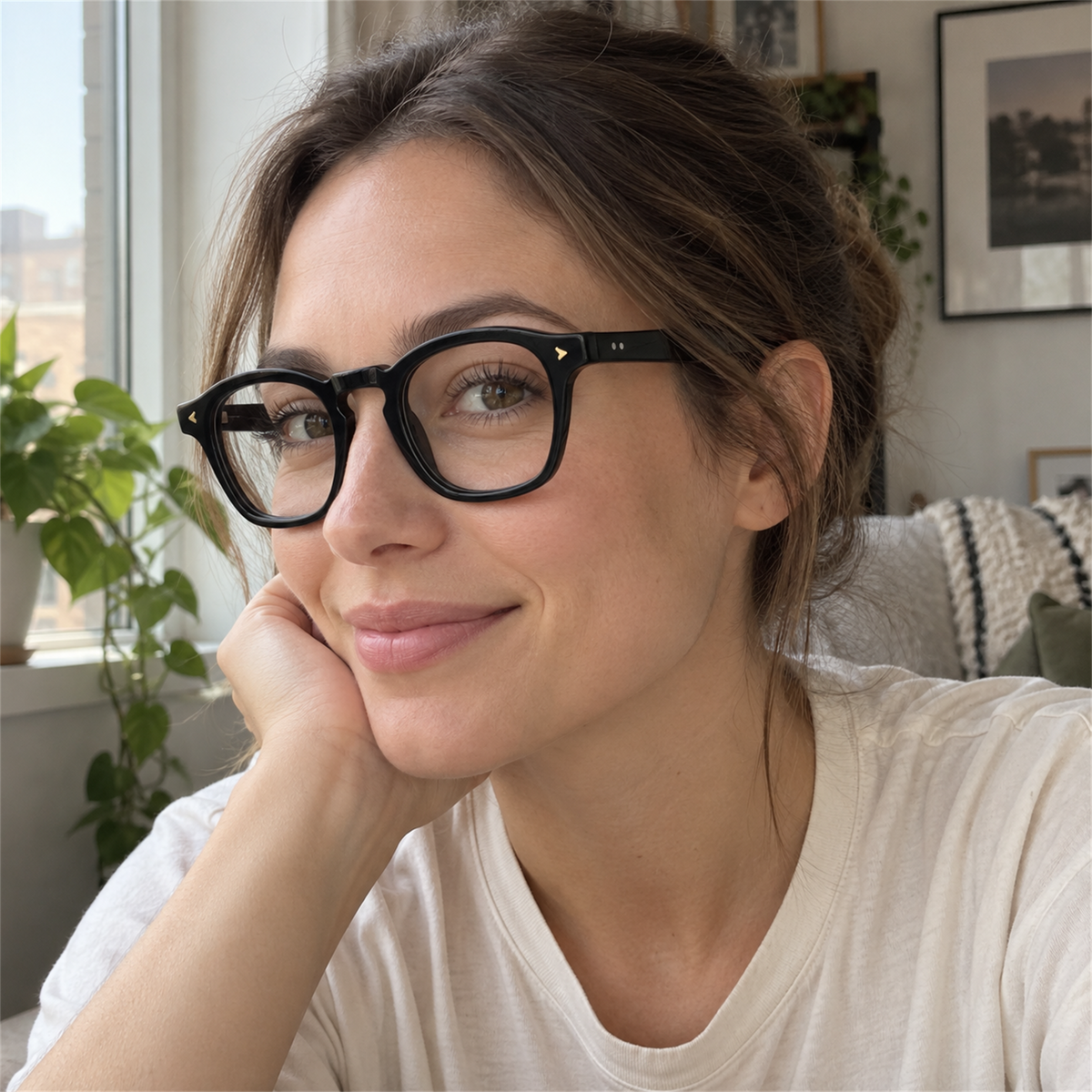 Sylvie black acetate eyeglasses, lifestyle wearing photo