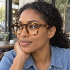 Sylvie amber tortoise acetate eyeglasses, lifestyle wearing photo
