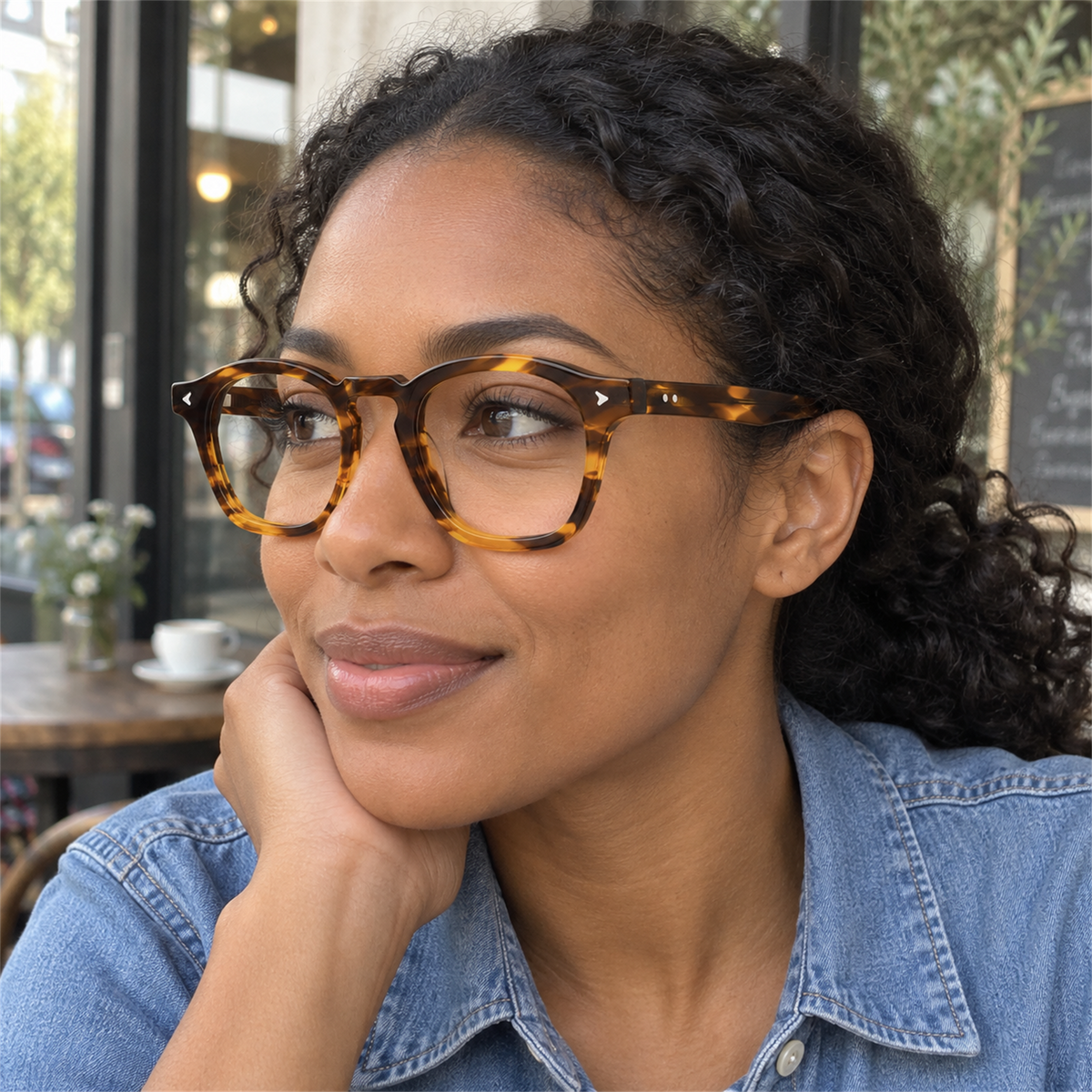 Sylvie amber tortoise acetate eyeglasses, lifestyle wearing photo