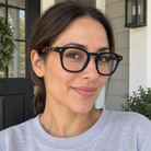Sylvie navy blue acetate eyeglasses, lifestyle wearing photo