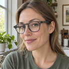 Sylvie crystal gray acetate eyeglasses, lifestyle wearing photo