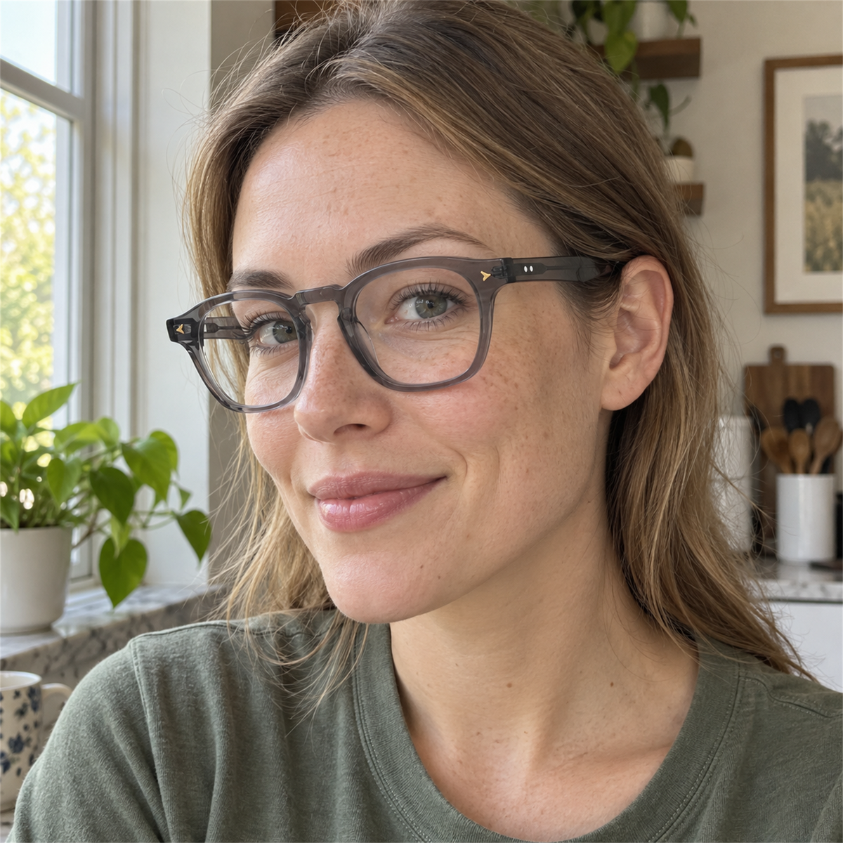 Sylvie crystal gray acetate eyeglasses, lifestyle wearing photo
