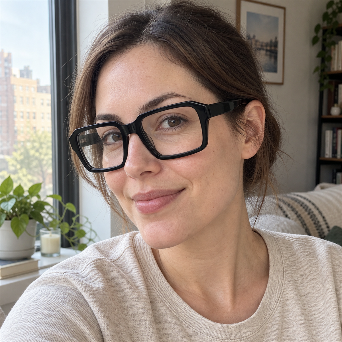 Ines black acetate eyeglasses, lifestyle wearing photo
