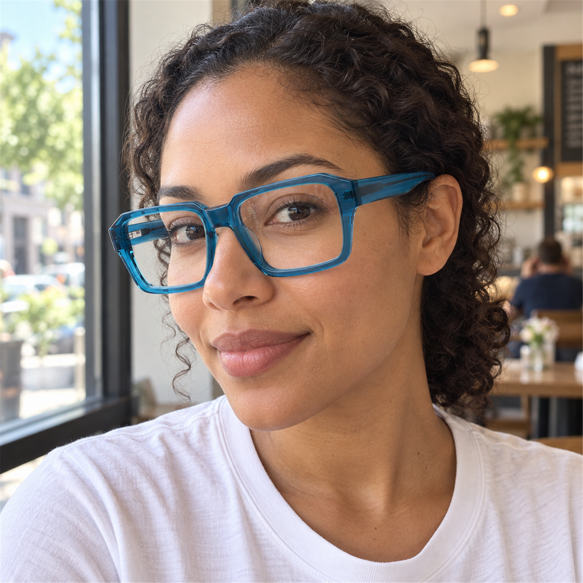 Ines crystal blue acetate eyeglasses, lifestyle wearing photo
