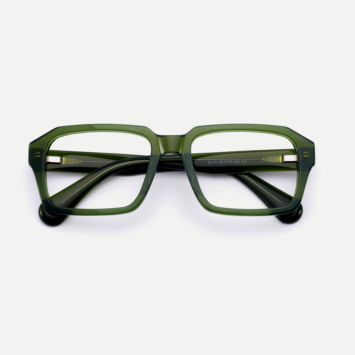 Ines olive green acetate eyeglasses, inner temple detail