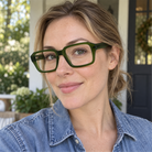 Ines olive green acetate eyeglasses, lifestyle wearing photo