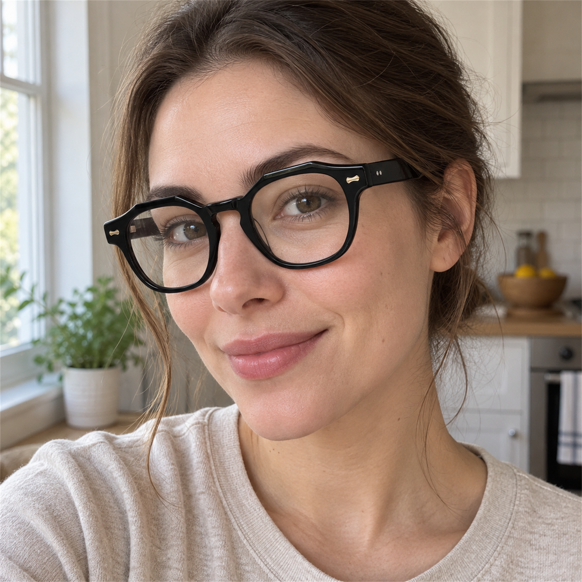 Alma black acetate eyeglasses, lifestyle wearing photo