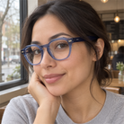 Alma crystal blue acetate eyeglasses, lifestyle wearing photo