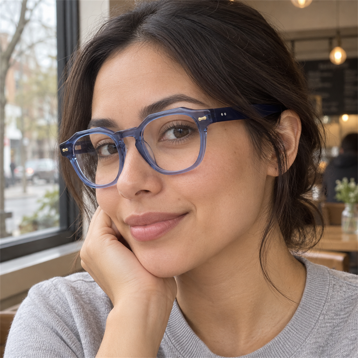 Alma crystal blue acetate eyeglasses, lifestyle wearing photo