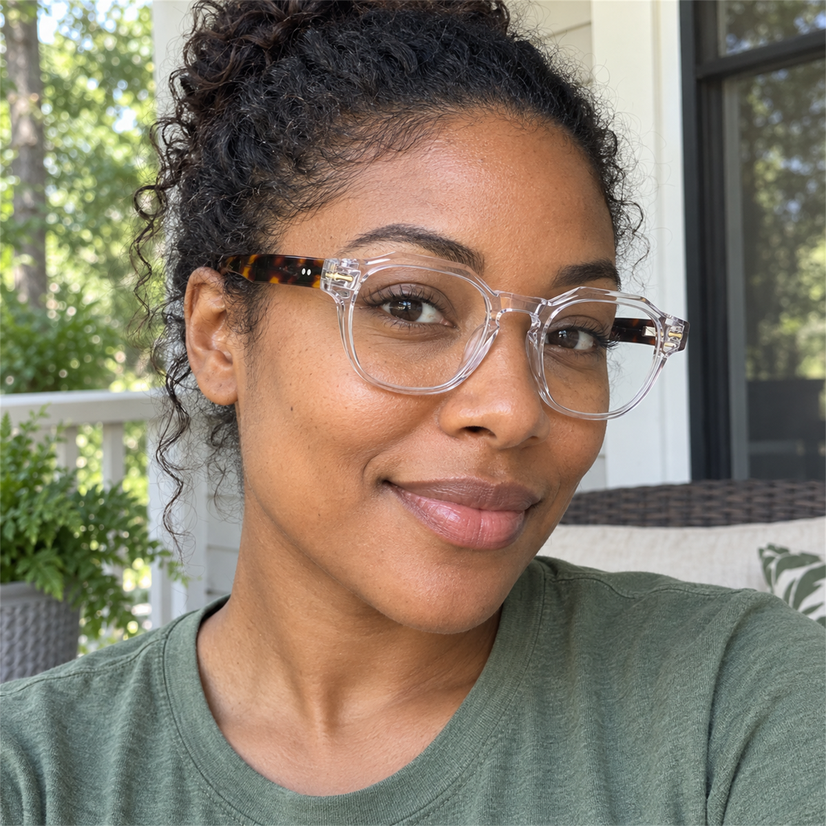 Alma crystal clear acetate eyeglasses, lifestyle wearing photo