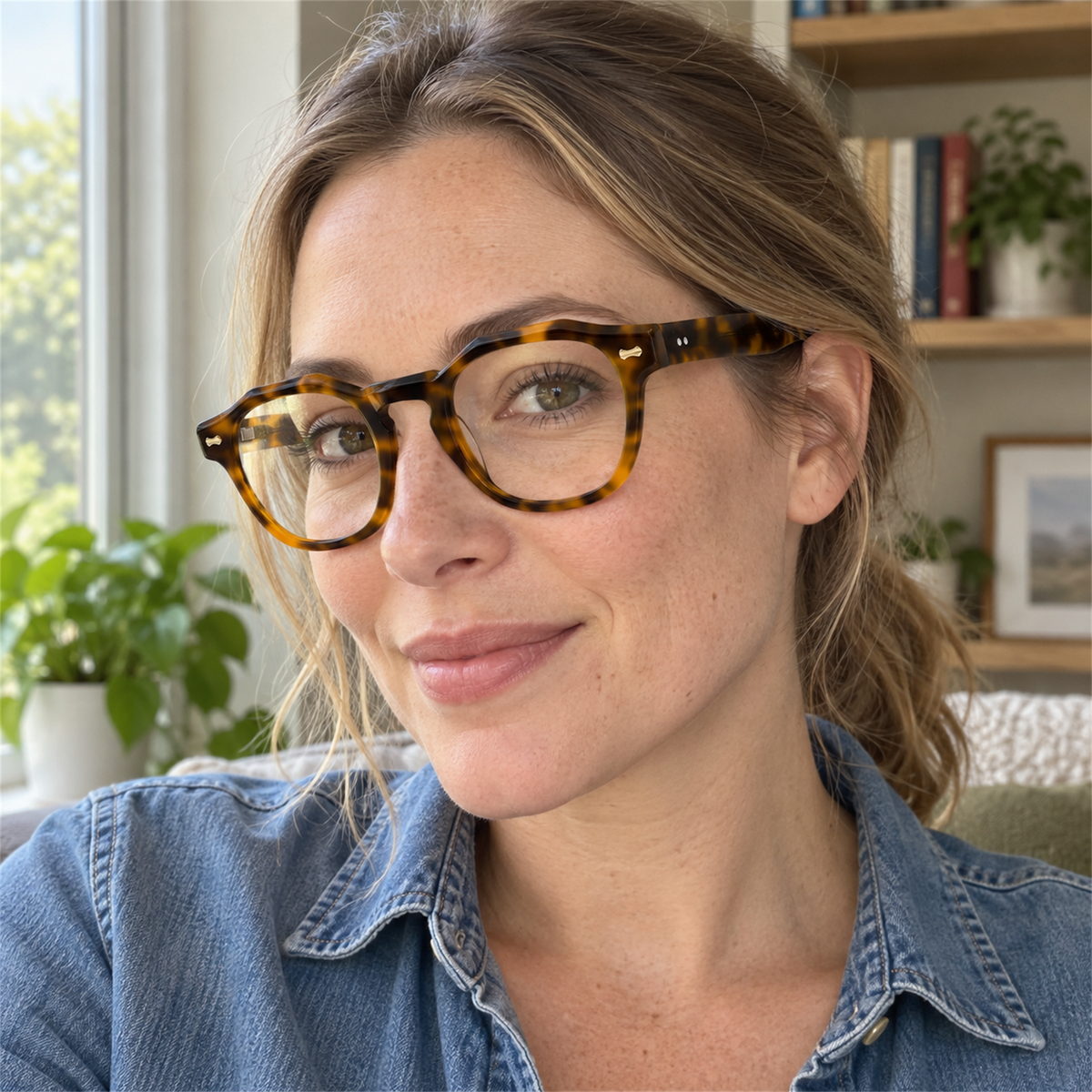 Alma tortoise acetate eyeglasses, lifestyle wearing photo
