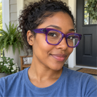 Giselle purple acetate eyeglasses, lifestyle wearing photo