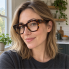 Giselle tortoise acetate eyeglasses, lifestyle wearing photo