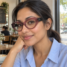Lola crystal mauve acetate eyeglasses, lifestyle wearing photo