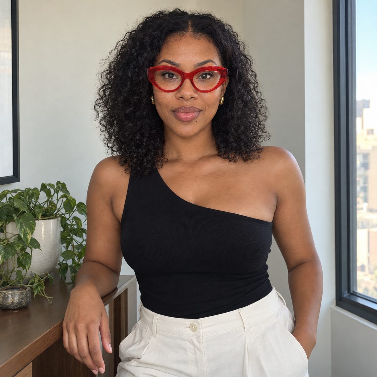 Woman wearing Lola red cat-eye optical glasses by a window