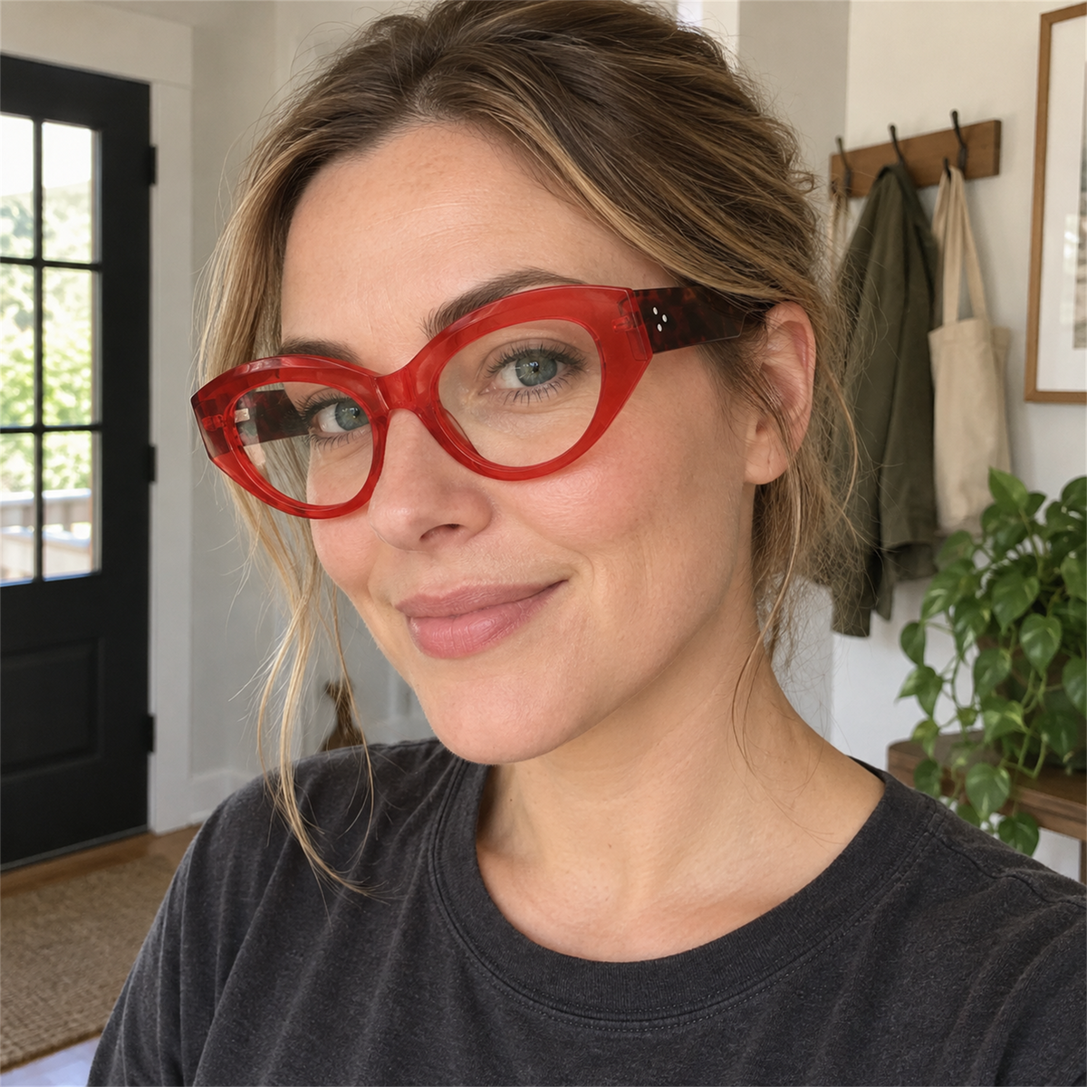 Lola red acetate eyeglasses, lifestyle wearing photo