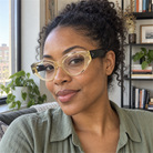 Lola crystal champagne acetate eyeglasses, lifestyle wearing photo
