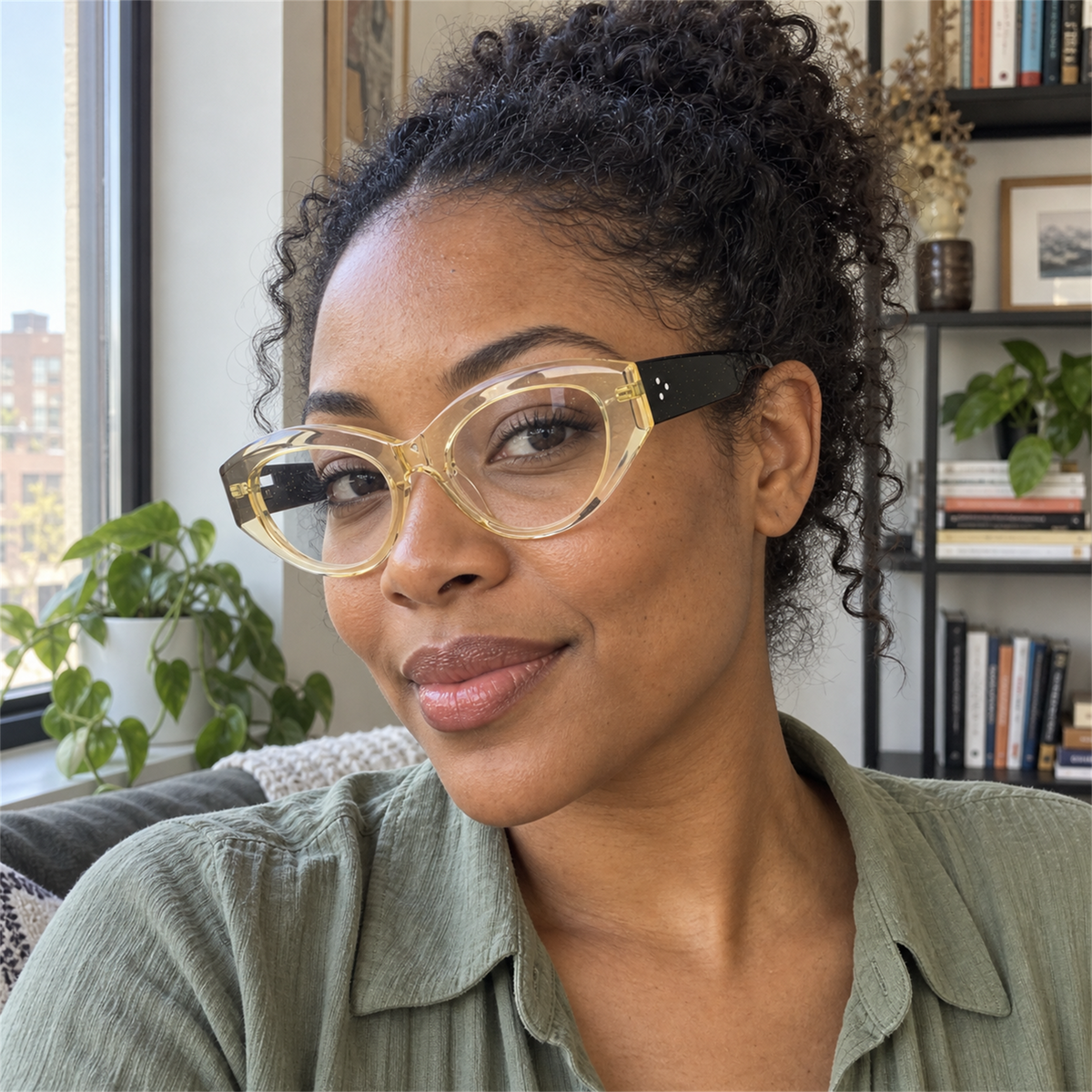 Lola crystal champagne acetate eyeglasses, lifestyle wearing photo