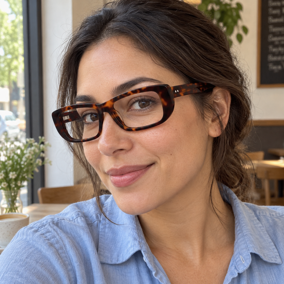 Mabel dark tortoise acetate eyeglasses, lifestyle wearing photo