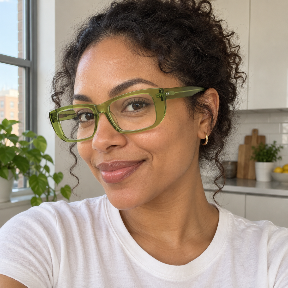 Mabel olive green acetate eyeglasses, lifestyle wearing photo