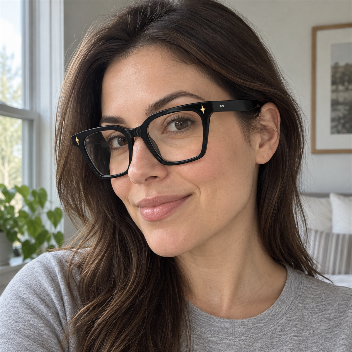 Gemma black acetate eyeglasses, lifestyle wearing photo