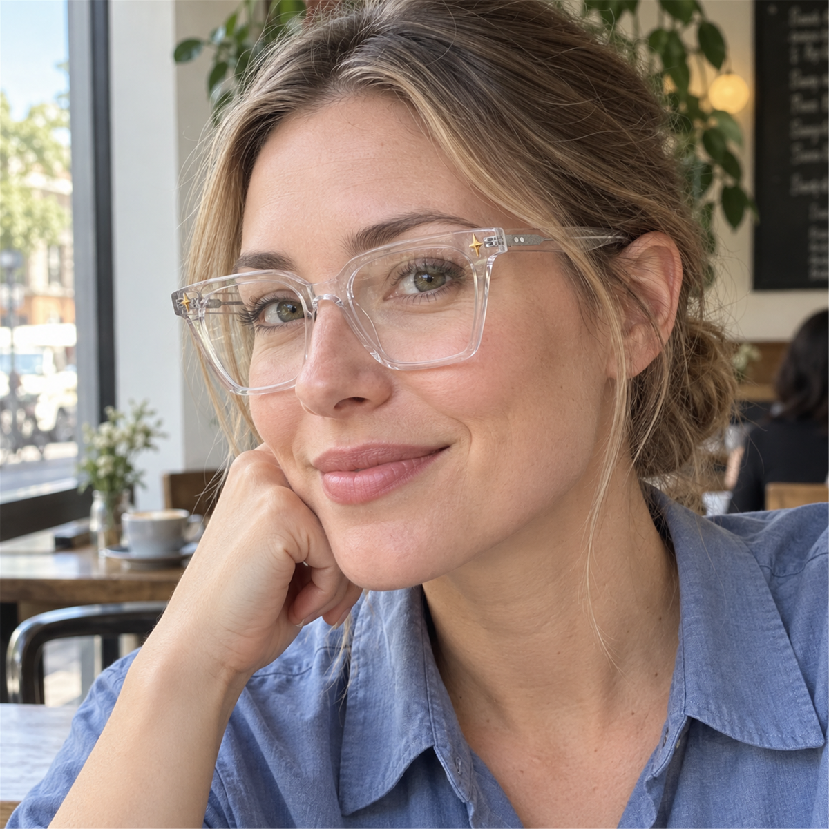 Gemma crystal clear acetate eyeglasses, lifestyle wearing photo