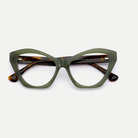 Faye olive green acetate eyeglasses, inner temple detail