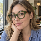 Faye olive green acetate eyeglasses, lifestyle wearing photo