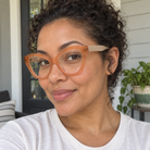 Faye peach acetate eyeglasses, lifestyle wearing photo